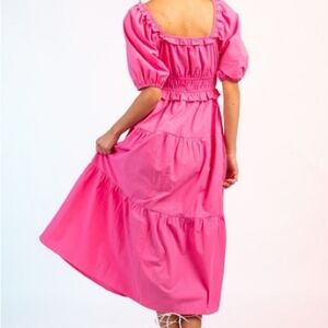 Pink Peasant Midi Ruffled top Elastic Empire waist Multi-tiered Dress- S…